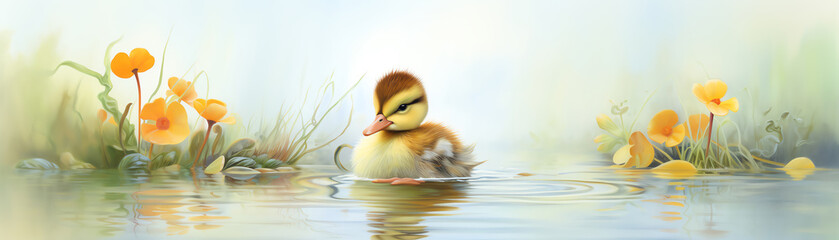 A tiny baby duckling waddling along the edge of a pond, fluffy feathers and an innocent expression, pure and delightful