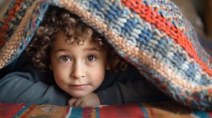 A young child sitting under a table, using a blanket as a makeshift shelter, hiding from the world