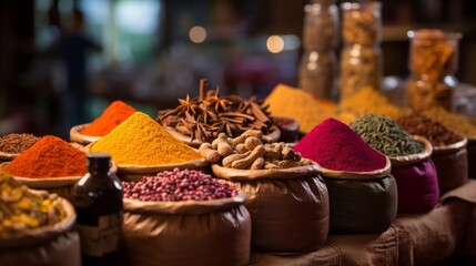 Various spices neatly arranged in bags on a rustic table