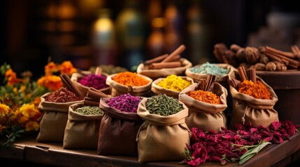 Bags filled with various spices, creating a colorful and aromatic display