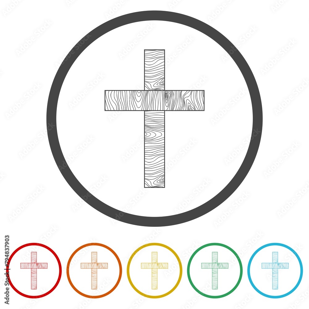 Poster Christian wood cross icon. Set icons in color circle buttons