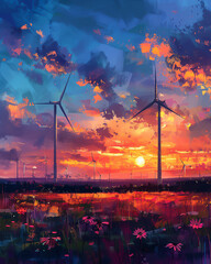 Illustrate a panoramic sunset over a wind farm, where each turbine is illuminated like a romantic beacon, casting colorful shadows on the fields below in a vibrant watercolor style