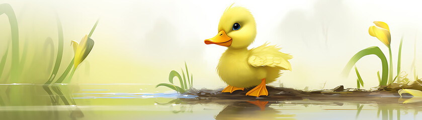 A tiny duckling waddling along the edge of a pond, fluffy feathers and an innocent expression, pure and delightful