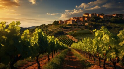 A breathtaking sunset casts a warm golden light over the vineyard, creating a picturesque scene of...