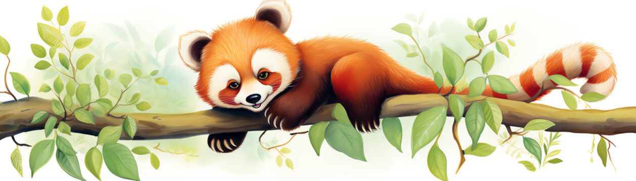A cheerful red panda with a curious gaze, climbing a tree, its bushy tail and cute features capturing hearts