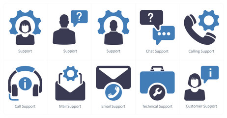 A set of 10 Customer Support icons as support, chat support, calling support