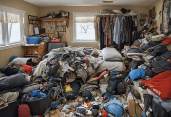 teenage boy's equipment piles sports bedroom messy cluttered music Very clothes