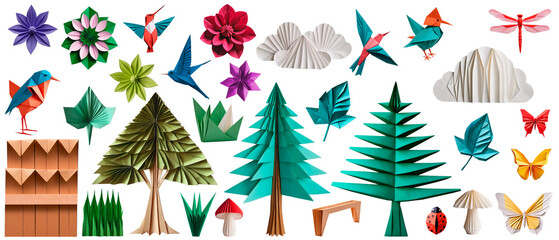 Collection of origami-style garden animals and plants to create backgrounds, transparent backgrounds and vibrant colors.