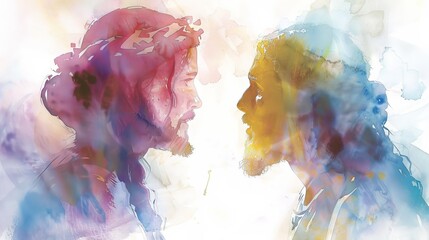 Jesus appearing to Mary Magdalene after His resurrection, illustrated in light and hopeful watercolor tones