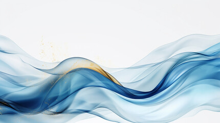 Naklejka premium Modern watercolor background or elegant card design for birthday invite or wedding or menu with abstract blue ink waves and golden splashes on a white 