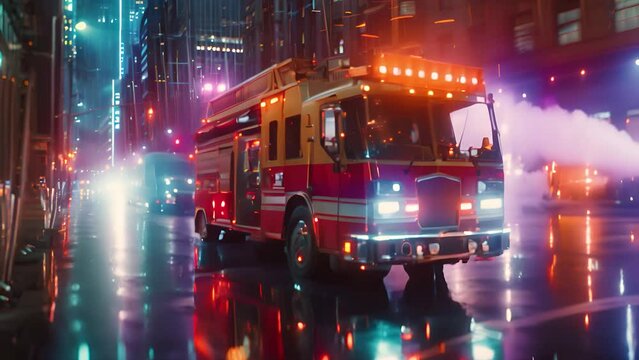 Fire engine with lights on a wet road in a city at night. The concept of rescue operations.