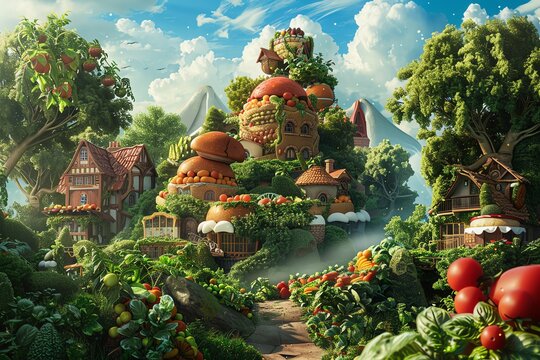 A whimsical digital painting of a village made entirely of fruits and vegetables