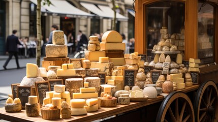 A selection of artisanal cheeses beautifully displayed on a mobile cart on the vibrant street