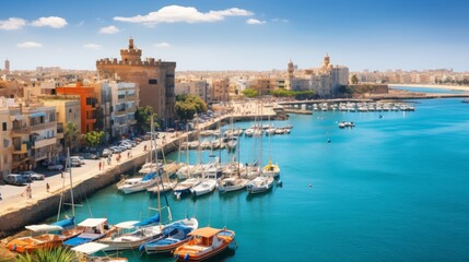 A vibrant harbor teeming with boats nestled alongside towering buildings under a clear blue sky