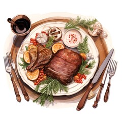 Hand drawn watercolor illustration of roasted lamb leg with vegetables and sauce