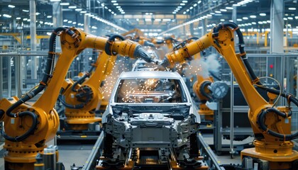 A car is being built in a factory with robotic arms