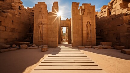 The grand entrance to the temple of Karnas in Egypt, showcasing intricate hieroglyphics and towering pillars