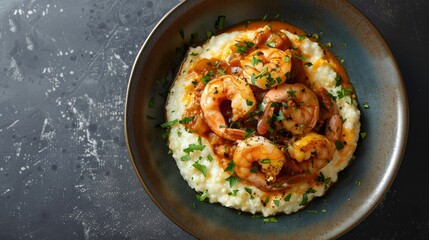 Gourmet top view of creamy, buttery grits topped with perfectly sauteed shrimp and a rich, flavorful sauce, isolated background, studio lighting