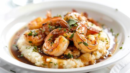 Gourmet top view of creamy, buttery grits topped with perfectly sauteed shrimp and a rich, flavorful sauce, isolated background, studio lighting
