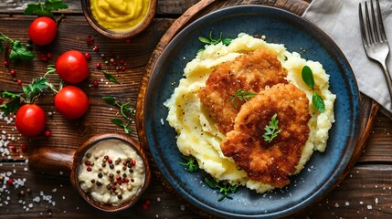 A plate of fried chicken and mashed potatoes