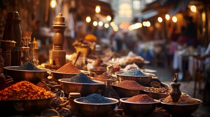 A collection of many bowls filled with a variety of aromatic spices