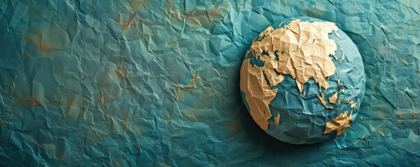 Textured golden world map on blue background
