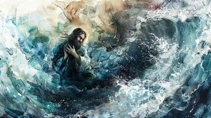 Jesus calming the storm on the sea, depicted with swirling watercolors that capture the chaos and miracle