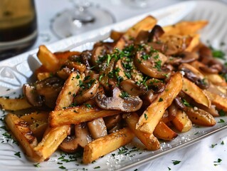 A plate of french fries and mushrooms with parsley on top