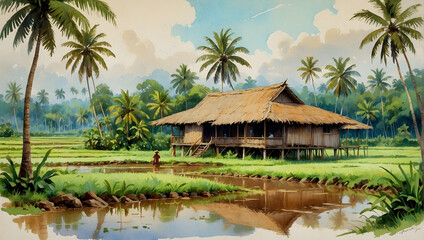 A classic Malay wooden house set amidst a vast paddy field