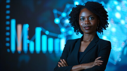 Business black woman in a business suit on the background of commodity and stock charts. Woman in the office of investment brokerage agency