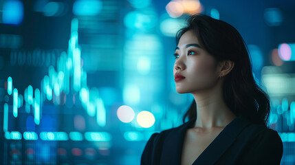 Business woman of Asian appearance in a business suit on the background of commodity and stock charts. Woman in the office of investment brokerage agency