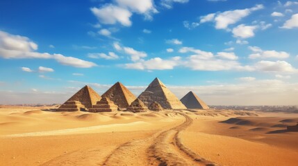 A collection of ancient pyramids standing in the desert, basking under a clear blue sky