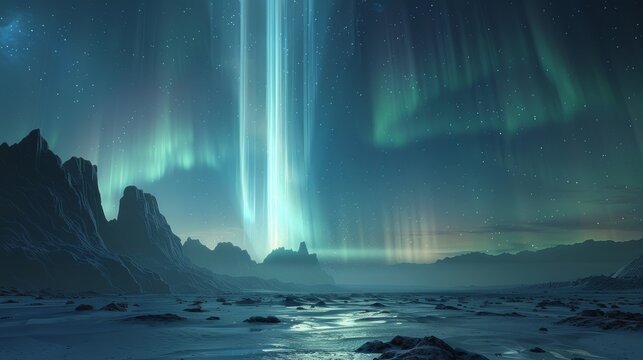Aurora: A futuristic illustration imagining the aurora australis as a beacon of light in the sky
