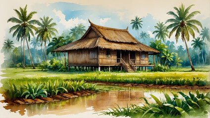  A classic Malay wooden house set amidst a vast paddy field. 