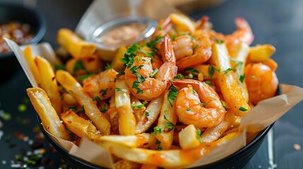 A bowl of shrimp and fries sits on a table with a lemon wedge