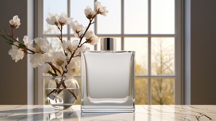 Perfume with a floral scent on the background of the window. New perfume with space for inscription.