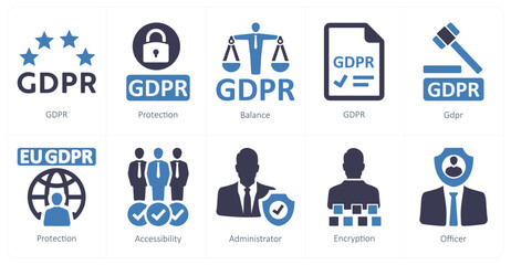 A set of 10 gdpr icons as gdpr, protection, balance