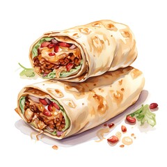 Tortilla wraps with meat and vegetables. Hand drawn watercolor illustration