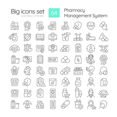 Pharmacy management system linear icons set. Medications customizing, dosage medicine. Patient needs. Customizable thin line symbols. Isolated vector outline illustrations. Editable stroke