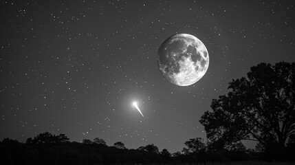 Fototapeta na wymiar Comet and Meteor: An awe-inspiring photo of a comet passing by a full moon