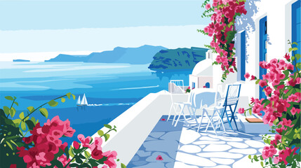 White architecture on Santorini island Greece. Flower - obrazy, fototapety, plakaty