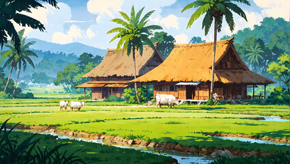  A classic Malay wooden house set amidst a vast paddy field. Coconut trees adorn the surroundings while cows graze on the lush grass.