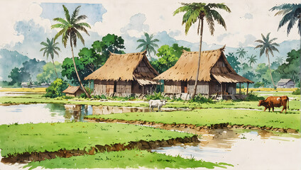View of a classic Malay wooden house set amidst a vast paddy field in watercolour style.