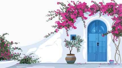 Fototapeta na wymiar White cycladic architecture with blue door and pink