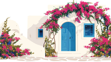 White cycladic architecture with blue door and pink