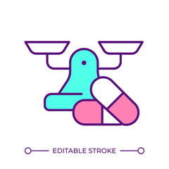 Medicine dosage RGB color icon. Patient support services. Scales balance. Pharmaceutical capsules. Medication pills. Isolated vector illustration. Simple filled line drawing. Editable stroke