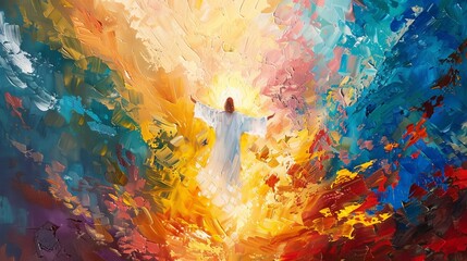 The Ascension of Jesus, illustrated with ascending brushstrokes and a palette of heavenly colors - obrazy, fototapety, plakaty
