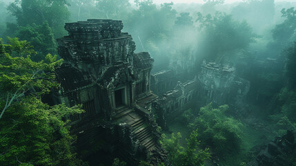 Naklejka premium Fantastic fog and Khmer Angkor Ruins, Siem Reap, Cambodia