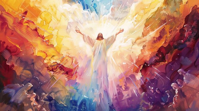 The Ascension of Jesus, illustrated with ascending brushstrokes and a palette of heavenly colors