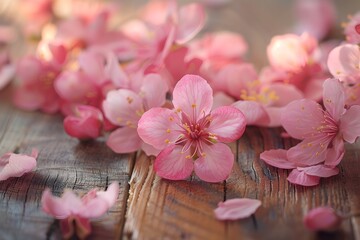 Delicate Peach Blossoms Scattered on Rustic Wooden Surface with Soft Lighting